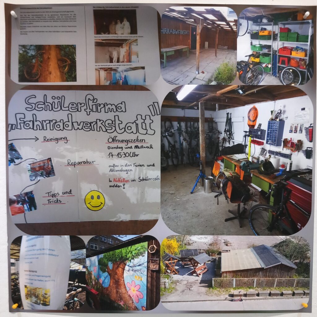 Eine Collage aus Fotos und Plakaten zeigt Eindrücke einer Schülerfirma "Fahrradwerkstatt", z.B. mit den Öffnungszeiten und das Gebäude. Auch ein Blick in die Werkstatt mit Geräten und Werkzeug ist dabei.